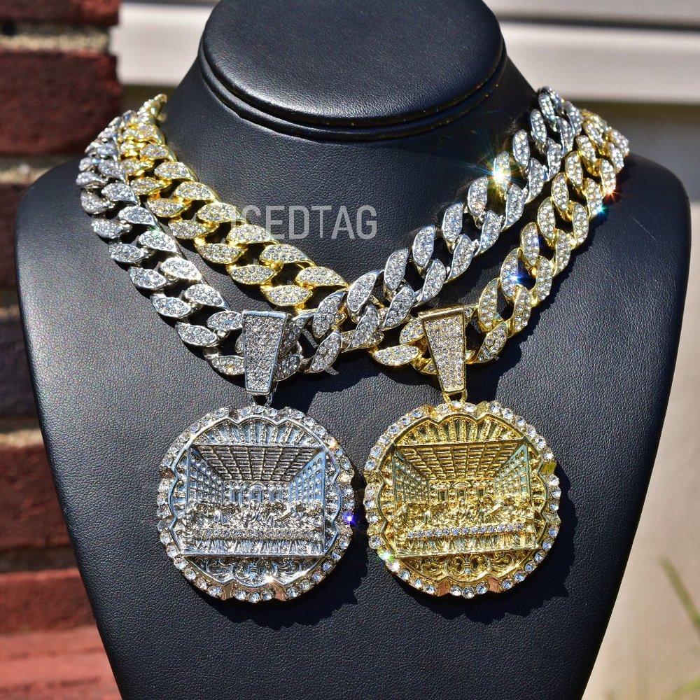Full Iced Out Men Bling Jumbo Religious Last Supper Pendant, 18" Miami Cuban Set